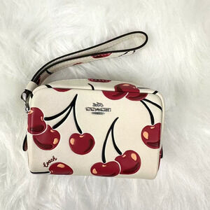 Coach Pouch Wristlet With Cherry Print In Leather/Silver/Chalk Multi CZ470 NWT